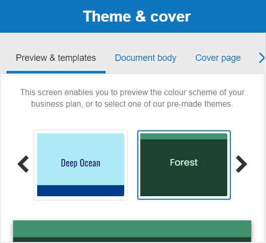 editing the theme and cover pages of my business plan through premade templates