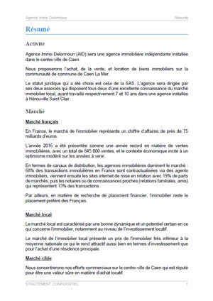 executive summary du modèle de business plan d'immobilier