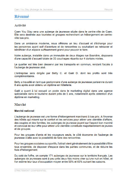 executive summary du modèle de business plan d'auberge de jeunesse