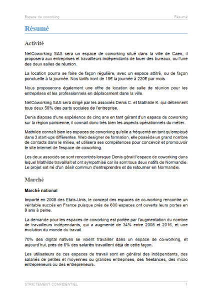 executive summary du modèle de business plan d'espace de coworking