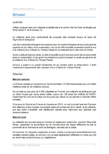 executive summary du modèle de business plan de crêperie
