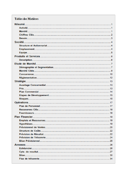 table des matières du modèle de business plan de crêperie