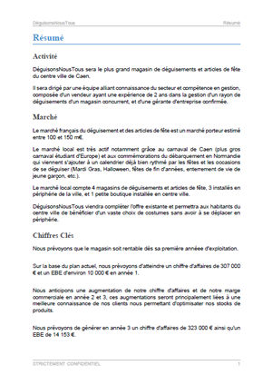 executive summary du modèle de business plan de magasin de déguisements