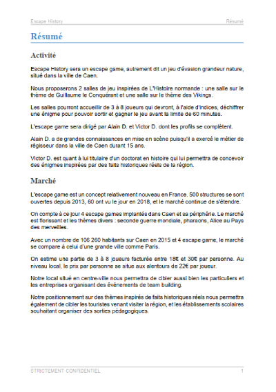executive summary du modèle de business plan d'escape room