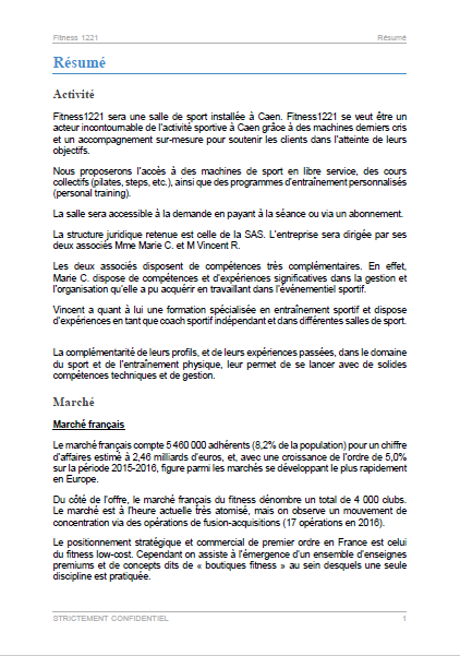 executive summary du modèle de business plan de salle de fitness