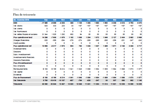 Prévisionnel de trésorerie mensuel du modèle de business plan de salle de fitness