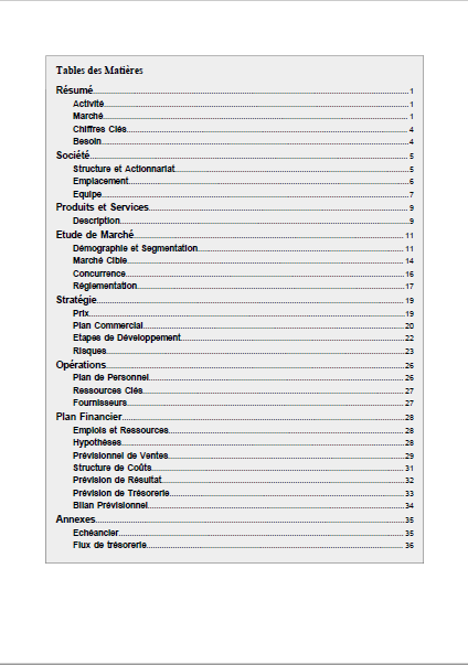 table des matières du modèle de business plan de salle de sport