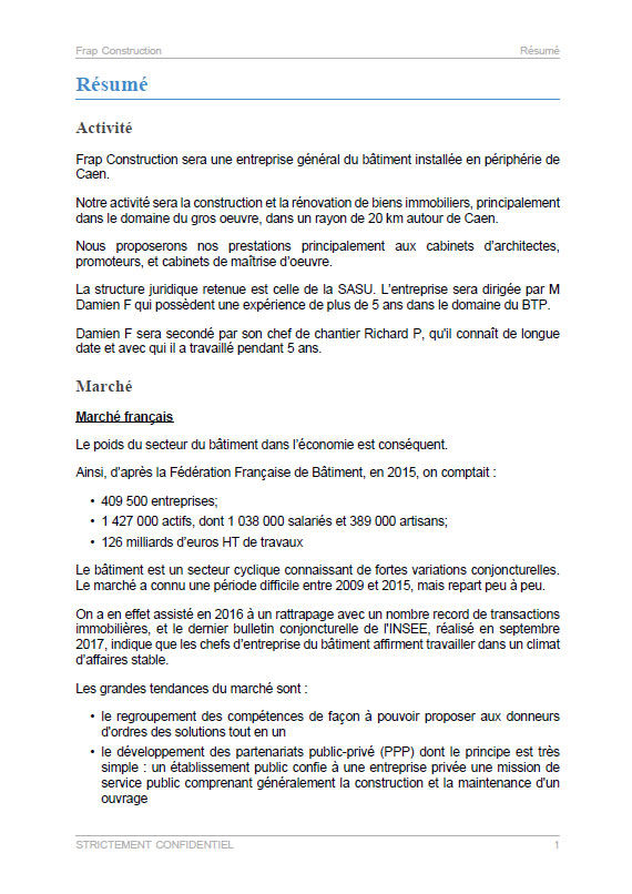 executive summary du modèle de business plan d'entreprise de btp