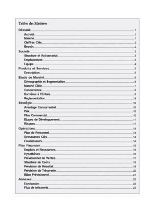 table des matières du modèle de business plan de bar