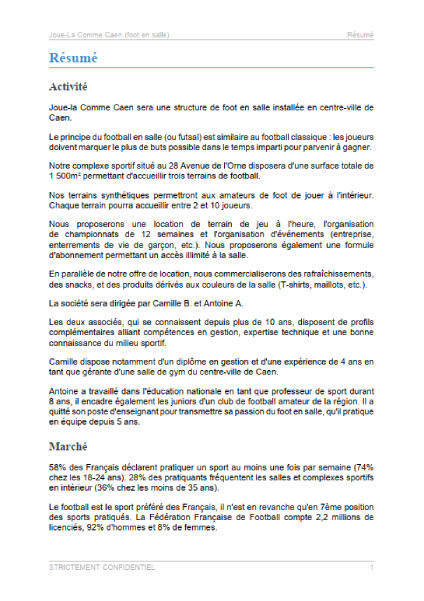 executive summary du modèle de business plan de foot indoor