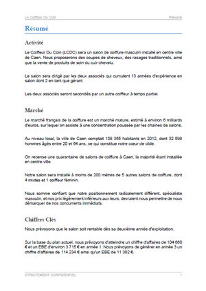 executive summary du modèle de business plan de salon de coiffure