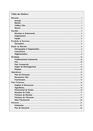 table des matières du modèle de business plan de salon de coiffure