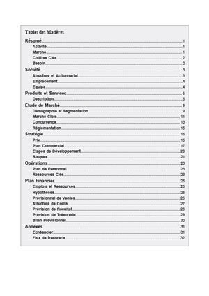 table des matières du modèle de business plan d'agence de communication