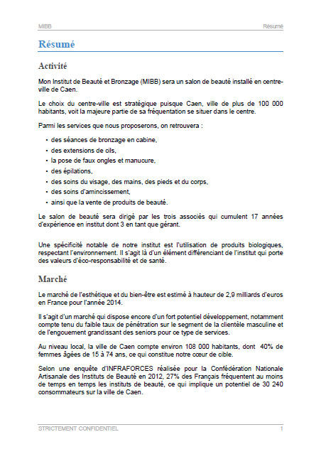 executive summary du modèle de business plan d'institut de beauté