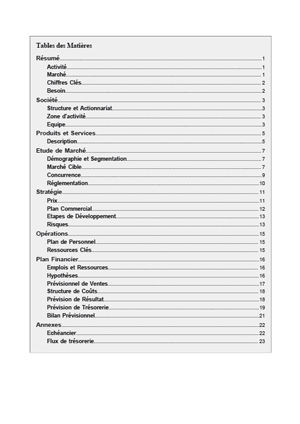 table des matières du modèle de business plan de consultant indépendant
