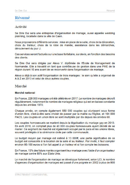 executive summary du modèle de business plan de wedding planner