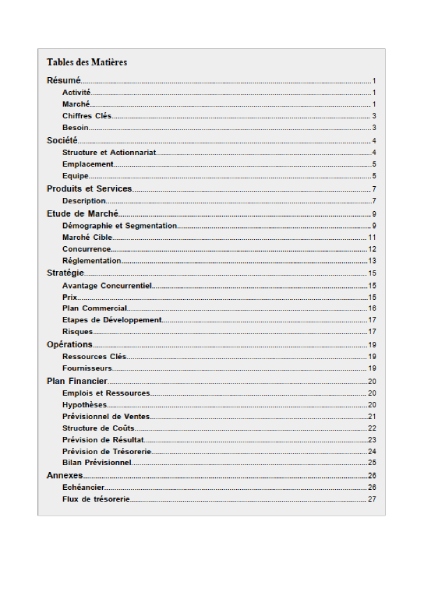 table des matières du modèle de business plan de wedding planner