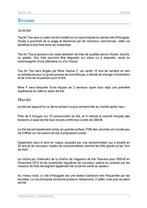 executive summary du modèle de business plan de salon de thé