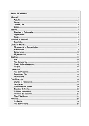 table des matières du modèle de business plan d'épicerie fine