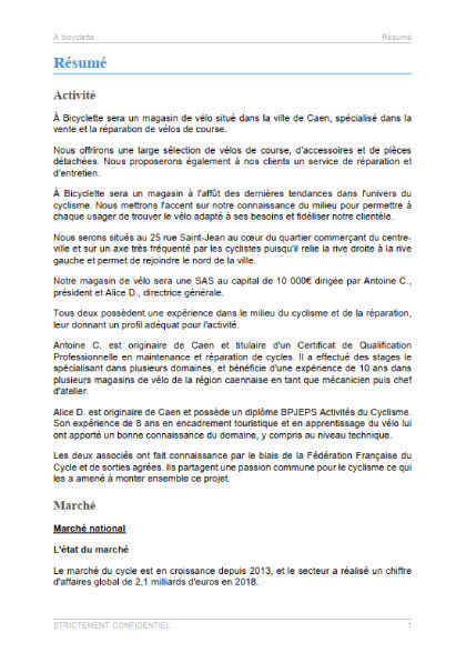executive summary du modèle de business plan de magasin de vélo