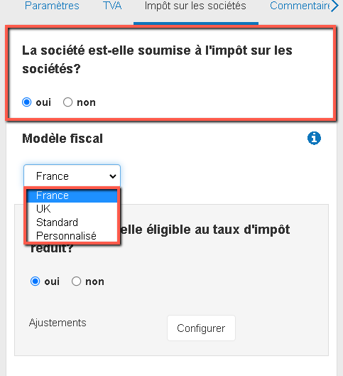 paramétrer mon modèle d'impôt sur les sociétés dans le logiciel