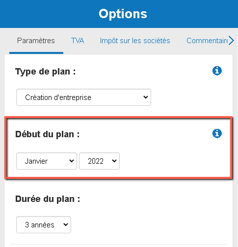 modification de la date de début du plan d'affaires
