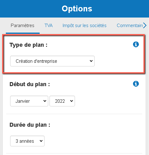 changer mon type de plan dans le logiciel de prévision financière du business plan shop