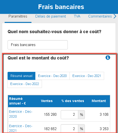en saisissant le montant des coûts variables en pourcentage des ventes