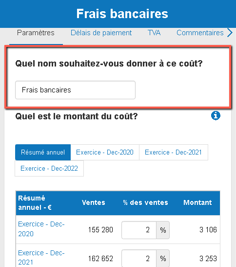 en saisissant le nom du coût variable dans la zone de texte