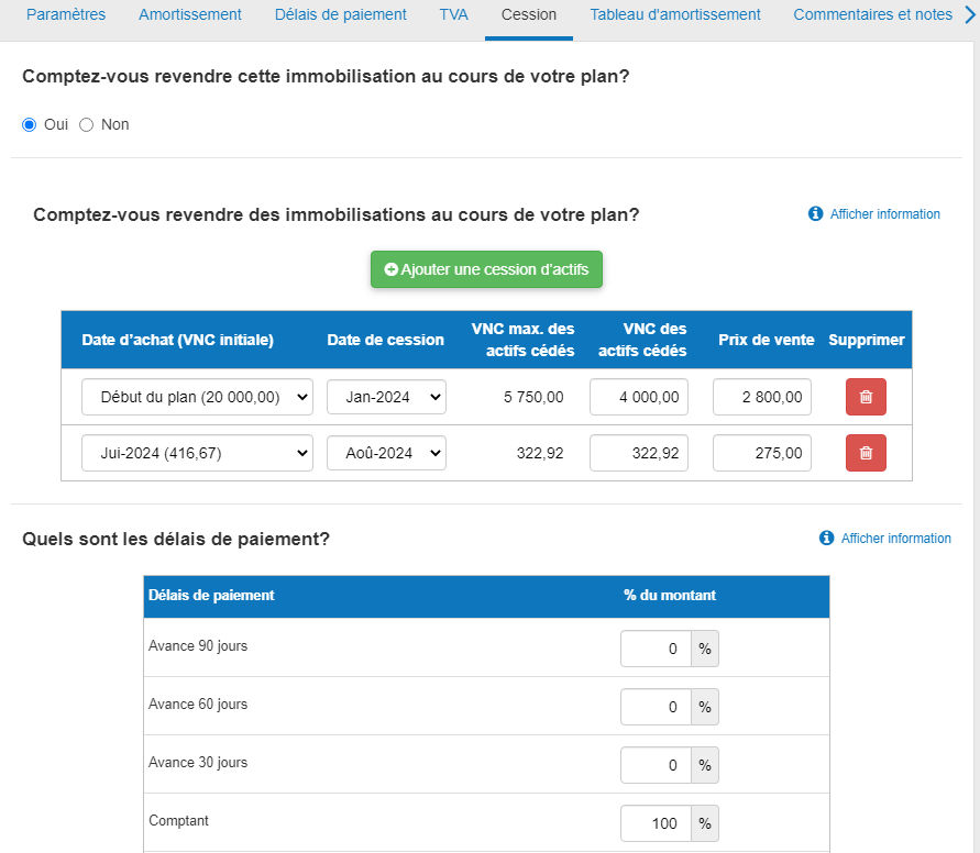saisie des principaux détails concernant la vente d'immobilisations, tels que les conditions de paiement, la valeur de la vente, la date de l'actif et les taux de TVA