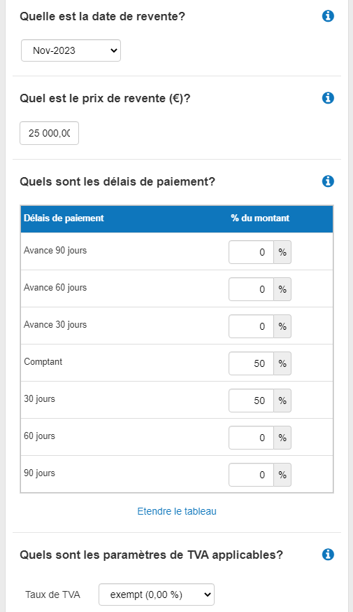 saisie des principaux détails concernant la vente du véhicule, tels que les conditions de paiement, la valeur de la vente, la date de l'actif et les taux de TVA
