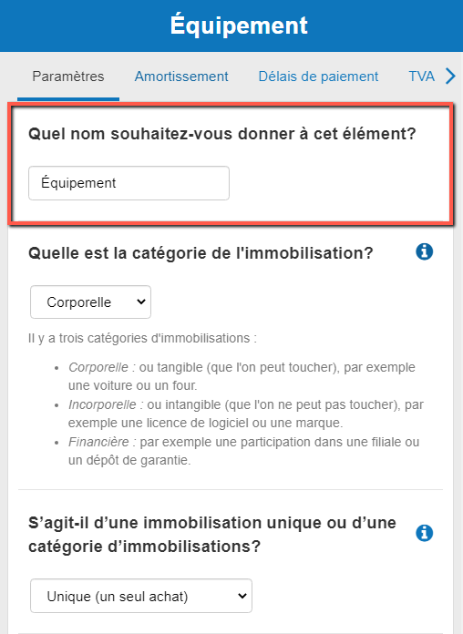 en saisissant le nom de l'immobilisation