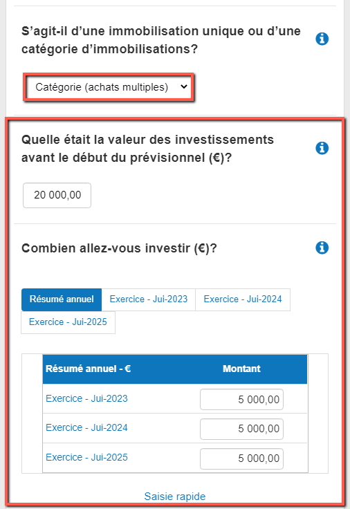 saisie des prix d'achat d'une catégorie d'immobilisations