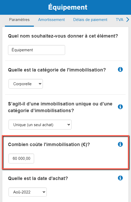 saisie du prix d'achat de l'immobilisation