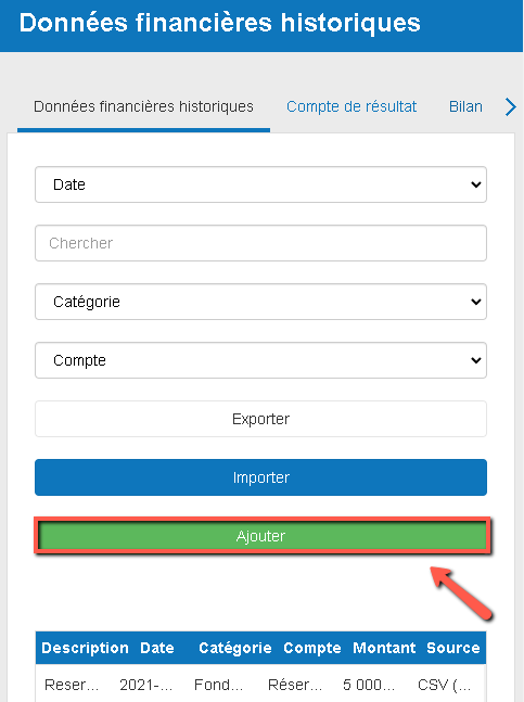 ajouter une source de données financières historiques dans le logiciel de la boutique de plans d'affaires