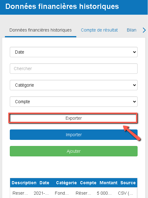 l'exportation de mes données financières historiques à partir du logiciel