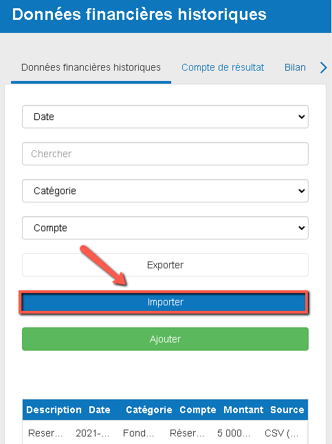 l'importation de mes données financières historiques dans le logiciel