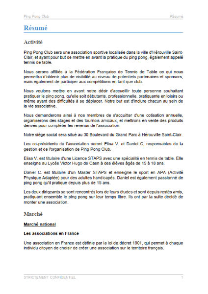 executive summary du modèle de business plan de club de ping pong