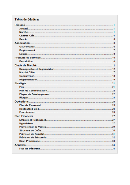 table des matières du modèle de business plan d'association sportive