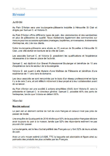executive summary du modèle de business plan de boulangerie