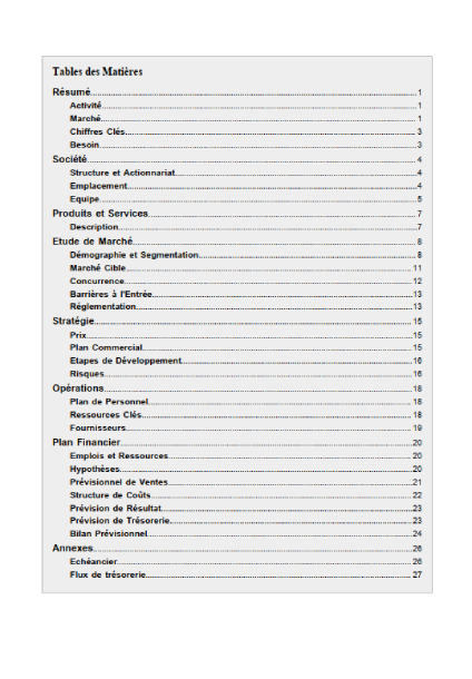 table des matières du modèle de business plan de boulangerie pâtisserie