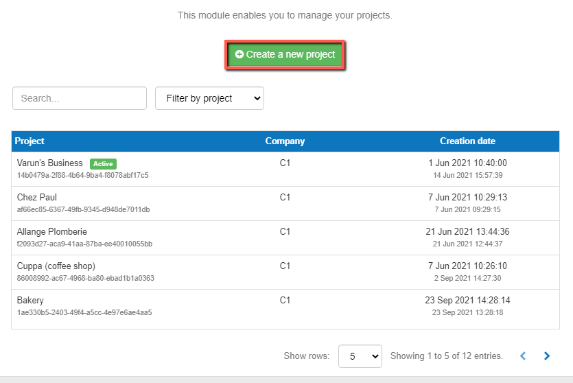 how to create a new project by clicking on the add button