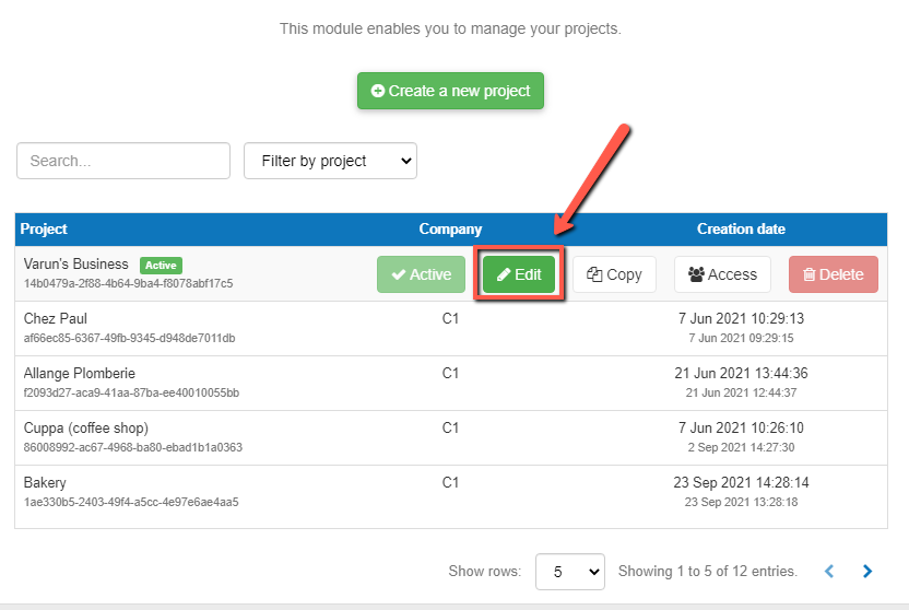 using the edit button to change the name of my project or the company that it is associated with on desktop