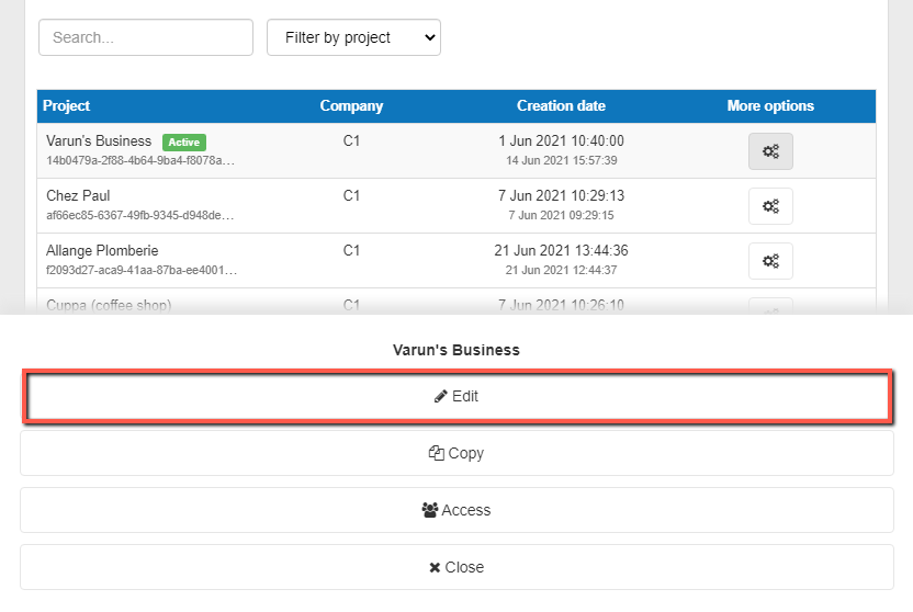 using the edit button to change the name of my project or the company that it is associated with on mobile