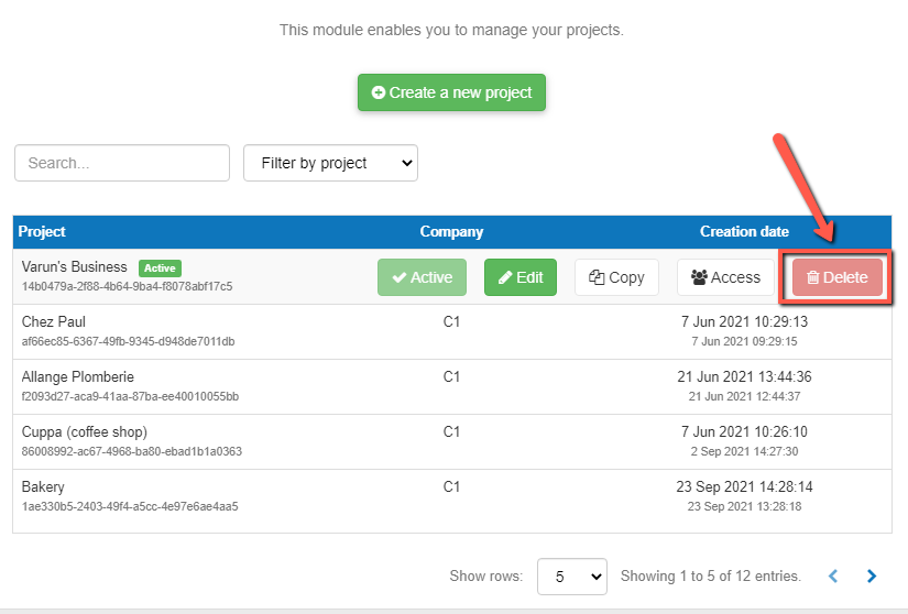 only an unactive project can be deleted