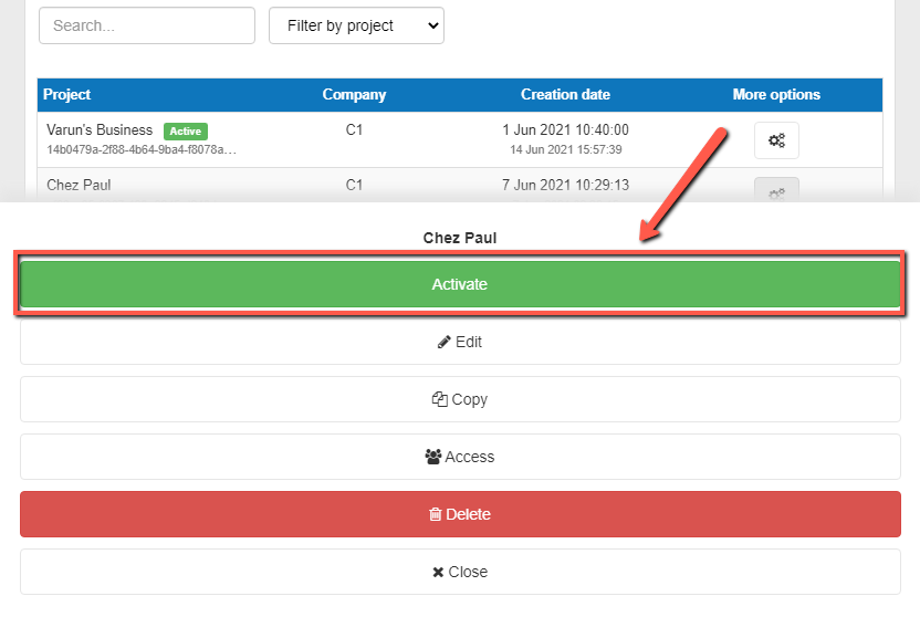 changing the project that I want to work on using the activate button on mobile