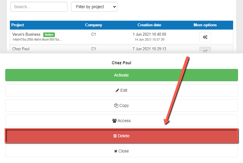 deleting an unwanted project on mobile on the business plan shop