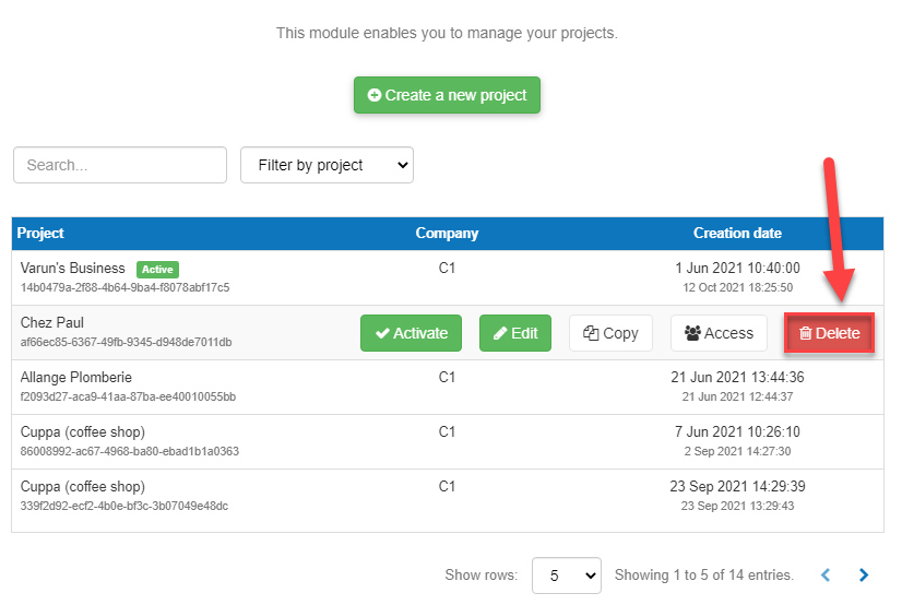 deleting an unwanted project on desktop on the business plan shop