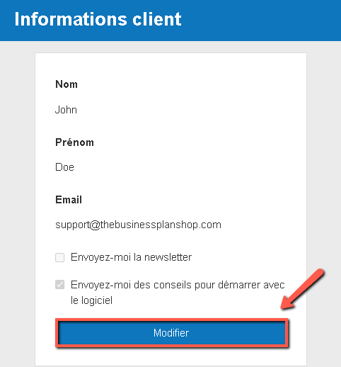 modifier les détails de mon compte dans The Business Plan Shop