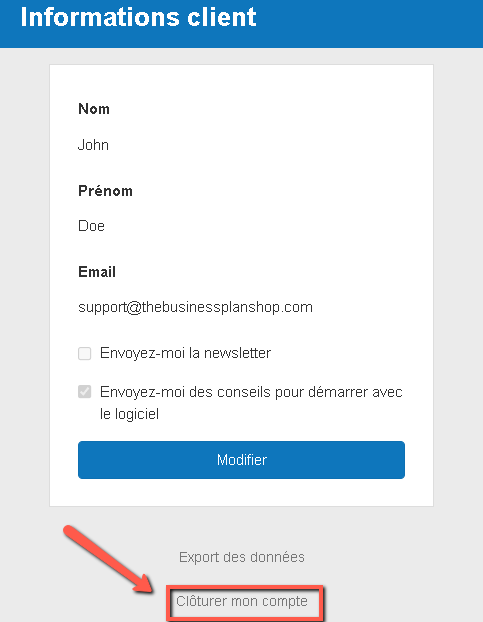 Clôturer mon compte sur The Business Plan Shop